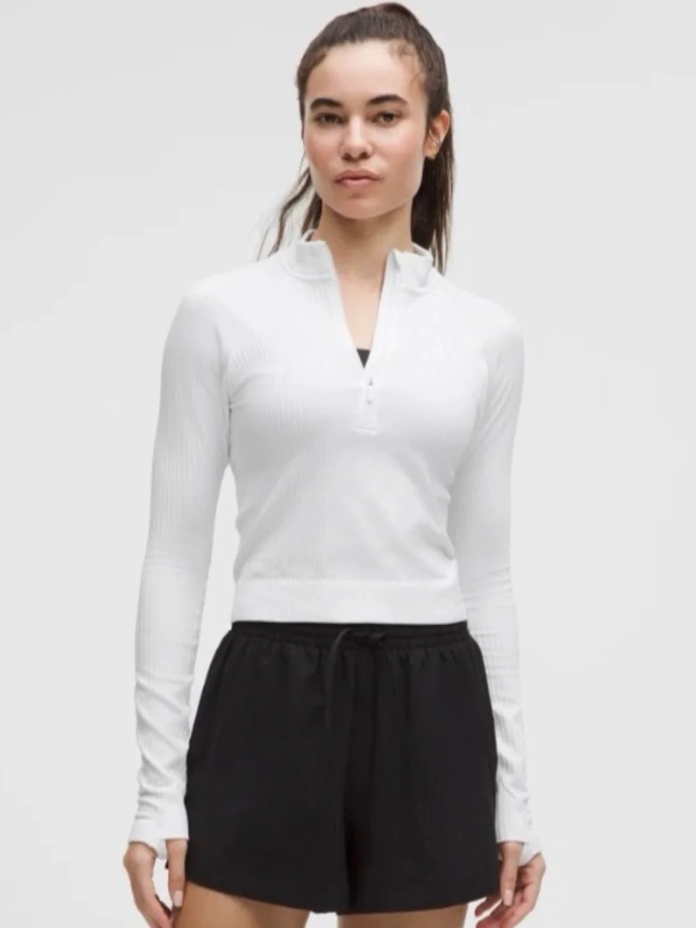 lululemon Rest Less Cropped Half Zip Long Sleeve Top Ribbed White Excellent